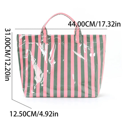 Striped PVC Tote Bag, Large Capacity Travel and Commuter Shoulder Bag | Lightweight Magnetic Bag with Inner Zip Pocket