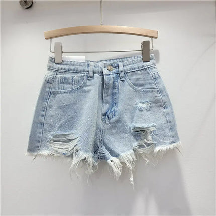 Women's Rhinestone Denim Shorts, High Waist, Stretchy, Vintage Wash, Distressed Effect, Summer 2026 Streetwear Style