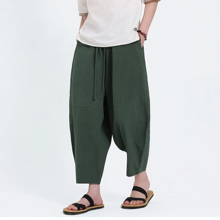 Pantaloni Harem in Cotone e Lino da Uomo, Casual, Traspiranti, Comodi, Estivi, Lunghezza al Polpaccio, Taglie Forti fino a 5XL