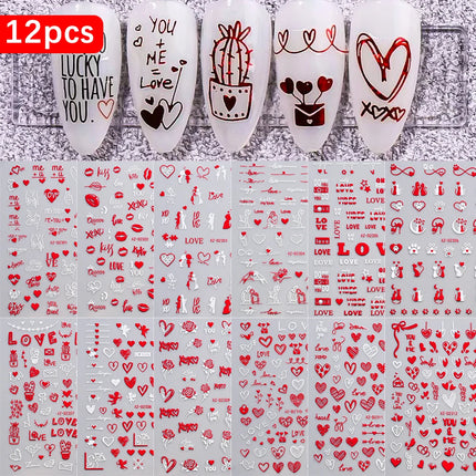 8pc 3D Mixed Color Heart Nail Stickers Valentines' Day Sweet Red Pink Love Selfadhesive Nail Decoration Decals Manicure 2027