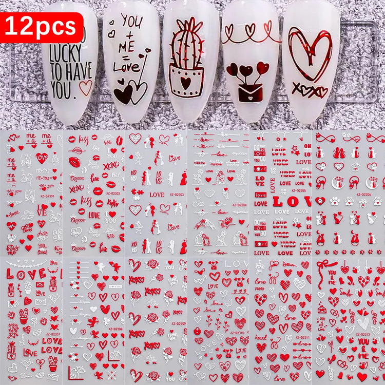 8pc 3D Mixed Color Heart Nail Stickers Valentines' Day Sweet Red Pink Love Selfadhesive Nail Decoration Decals Manicure 2027