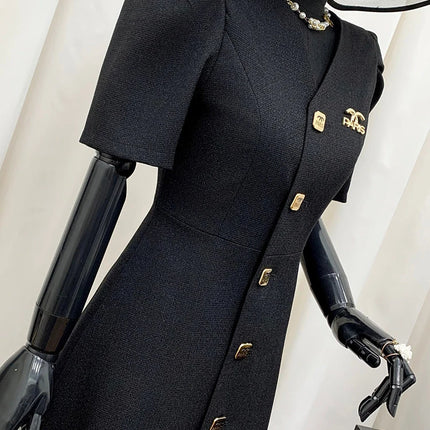 Women's Lautaro Spring-Summer Black Slim Elegant Dresses, V-Neck with Puff Short Sleeves and Buttons, Chic Luxury Designer Clothing
