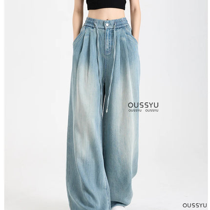 Estate di Lusso Morbido Accogliente 100% Tessuto Lyocell Donna Jeans Allentati Gamba Larga Elastico in Vita Pantaloni Moda Casual Più Lunghezza