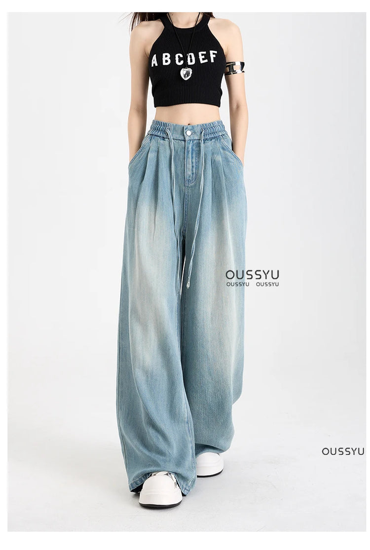 Estate di Lusso Morbido Accogliente 100% Tessuto Lyocell Donna Jeans Allentati Gamba Larga Elastico in Vita Pantaloni Moda Casual Più Lunghezza