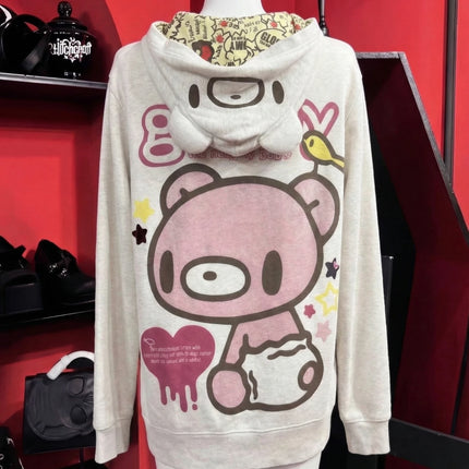 Retro Cartoon Gloomyed Bear Hoodie Women Sweet Cool Zip Sweatshirt Long Sleeve Fleece Jacket for Autumn Winter Subculture Style