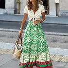 Women's wide printed skirt with elastic waist, boho midi skirt with inserts, suitable for beach and daily wear