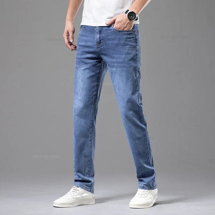 Summer Thin Men's Elastic Cotton Jeans Fashion Gray Comfortable Business Straight Casual Pants Brand Male Clothes Trousers PlatiNum