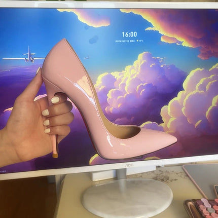 Tacchi altissimi personalizzati multicolori da 12 cm, pelle verniciata bianca nuda, suola rossa sexy, scarpe sottili a punta per ordine singolo platinumshop