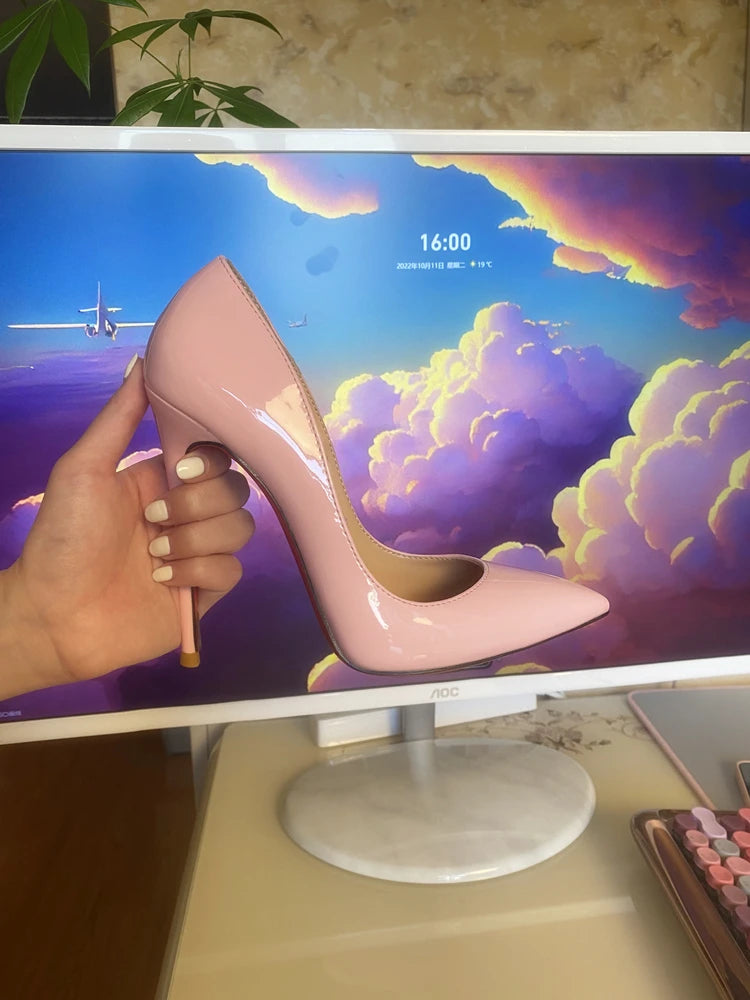 Tacchi altissimi personalizzati multicolori da 12 cm, pelle verniciata bianca nuda, suola rossa sexy, scarpe sottili a punta per ordine singolo platinumshop