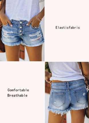 Summer New Women High Waist Blue Denim Shorts Button Front Faded Light Blue Elegant Short Jeans Suitable for Office Casual Dates PlatiNum