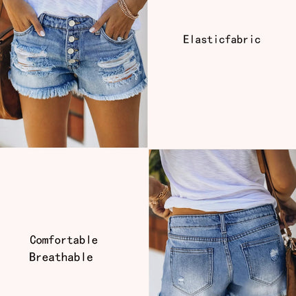 Summer New Women High Waist Blue Denim Shorts Button Front Faded Light Blue Elegant Short Jeans Suitable for Office Casual Dates PlatiNum