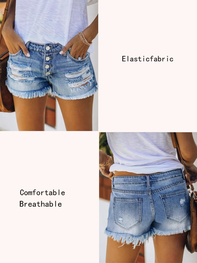 Summer New Women High Waist Blue Denim Shorts Button Front Faded Light Blue Elegant Short Jeans Suitable for Office Casual Dates PlatiNum