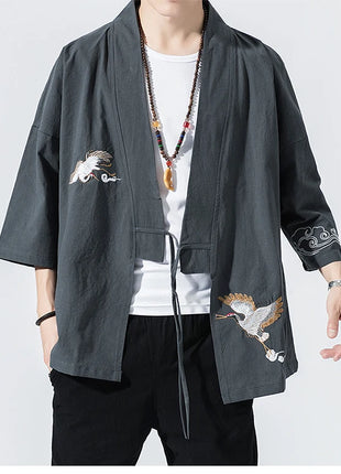 Camicie gru ricamate stile cinese retrò cotone lino Tang vestito Cardigan Mens tradizionale Kung Fu Tai Chi Casual Top camicette