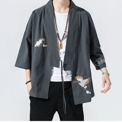 Camicie gru ricamate stile cinese retrò cotone lino Tang vestito Cardigan Mens tradizionale Kung Fu Tai Chi Casual Top camicette