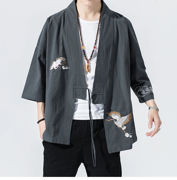 Camicie gru ricamate stile cinese retrò cotone lino Tang vestito Cardigan Mens tradizionale Kung Fu Tai Chi Casual Top camicette