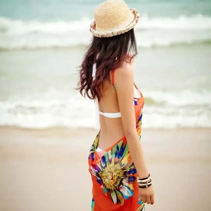 Copricostumi stampati Abito da spiaggia sexy Donna Halter Sling Chiffon Asciugamano da spiaggia Bikini Wrap Pareo Gonne Costumi da bagno aperti sul retro platinumshop