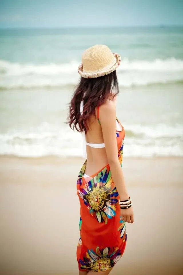 Copricostumi stampati Abito da spiaggia sexy Donna Halter Sling Chiffon Asciugamano da spiaggia Bikini Wrap Pareo Gonne Costumi da bagno aperti sul retro platinumshop