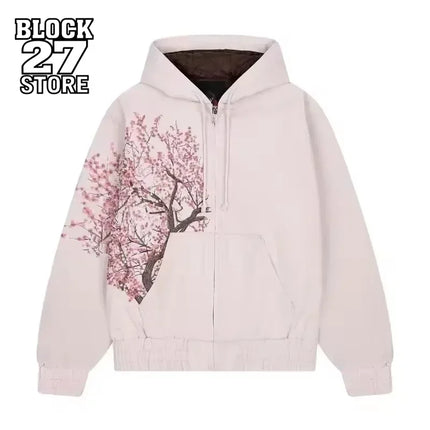 Harajuku American Retro Sakura Embroidery Pink Hoodie Y2K Jacket Men Women Oversized Gothic Streetwear Casual Fashion Outerwear