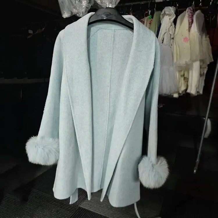UCXQ Elegant Woolen Coat Temperament Office Lady Overcoats Fur Patchwork Long Sleeve Beautiful Women's Coats 2025 Winter New