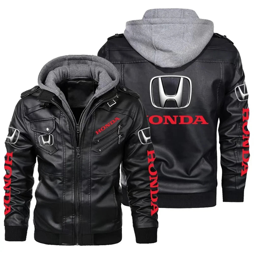 Men's Classic Honda Racing Work Bomber Jacket Zipper Design Leather Jacket Street Motorcycle Riding Windproof Leather Jacket 1