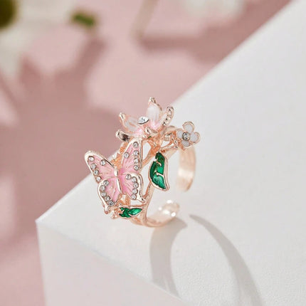 Aesthetic Flower Butterfly Rings for Female Romantic Rhinestone Stylish Non-fading Opening Ring Women Wedding Jewelry Party Gift PlatiNum