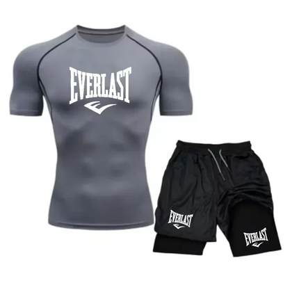 EVERLAST Camicia da Compressione da Uomo + Pantaloncini Sportivi 2 in 1 Set da 2 Pezzi per Il Tempo Libero Respiro Manica Corta Sport Jogging Palestra Marchio di Abbigliamento Stampa platinumshop