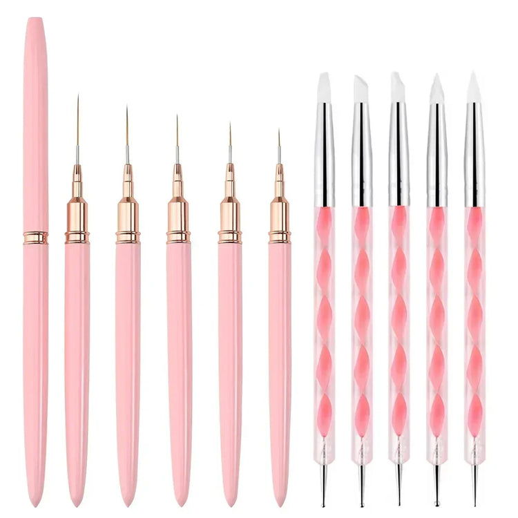 10Pcs Nail Liner Brush Set UV Gel Nail Brushes Kits Silicone Point Flower Nail Pen French Stripe Line Painting Drawing Tools