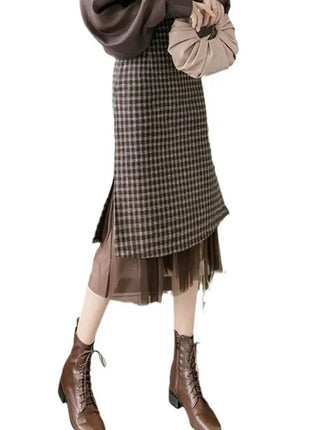 Woolen plaid skirt autumn and winter 2025 new plaid foreign style small man a word hip wrap medium and long skirt PlatiNum