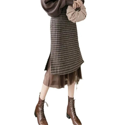 Woolen plaid skirt autumn and winter 2025 new plaid foreign style small man a word hip wrap medium and long skirt PlatiNum