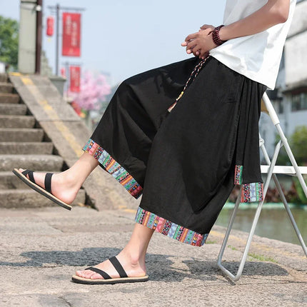 Pantaloncini kimono giapponese Costume da samurai in lino da uomo Ukiyo-e Cintura con stampa Pantaloni a gamba larga Retro Haori Pantaloni casual larghi Harajuku da uomo