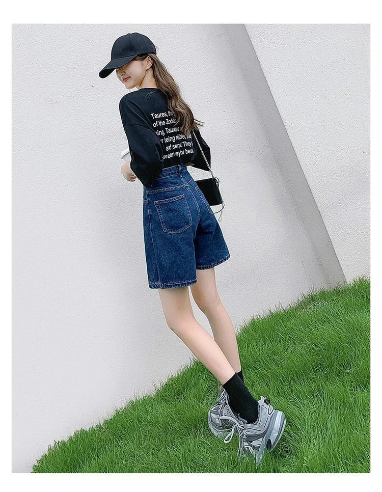 Ladies High Waist Wide Leg Denim Shorts Retro Blue A-Line Slim Fit Spring Summer Womens Casual Clothing 2026 PlatiNum