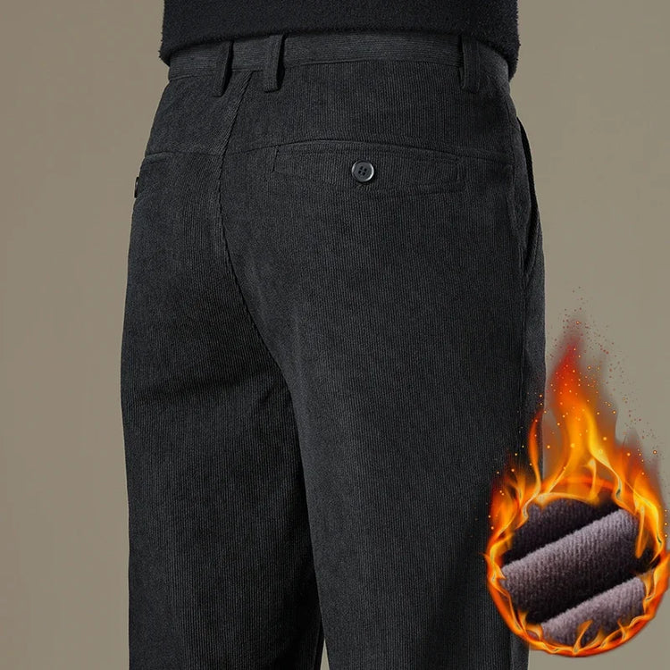 Winter Men Business Fleece Thick Casual Pants Straight Velvet Corduroy Warm Cold Resistant Bottoms Elastic Waist Trousers