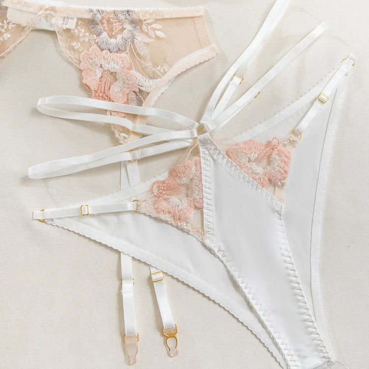 Krasapt Luxury Floral Embroidery Lingerie 2Pcs Sets Sensual Mesh See Through Bra And Panty Garter Erotic Suits Delicate Bilizna