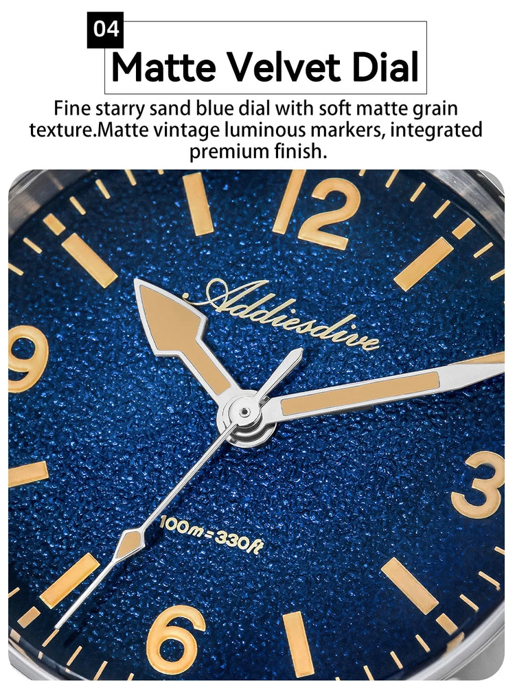 ADDIESDIVE NEW Luxury Quartz Men's 36mm Watch AD2544 Sapphire Crystal 100M Waterproof C3 Retro Luminous Leather Strap Wristwatch