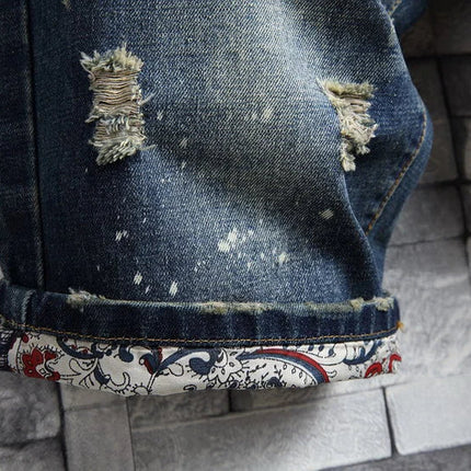 Men Ripped Short Jeans Summer Cotton Knee Length Shorts Breathable Vintage Denim Pants Painted Graffiti Streetwear Cargo Jeans PlatiNum