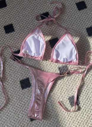 Micro Bikini Rosa Lucido da Donna, Sexy con Perle in PU, Push-Up, Perizoma, Costume da Bagno Estivo, con Lacci, per Vacanze PlatiNum