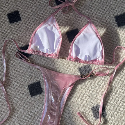 Micro Bikini Rosa Lucido da Donna, Sexy con Perle in PU, Push-Up, Perizoma, Costume da Bagno Estivo, con Lacci, per Vacanze PlatiNum