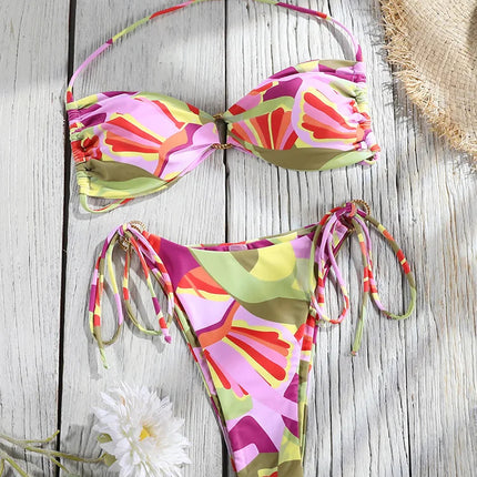 Set Bikini a Fascia da Donna con Pieghe, Costume da Bagno Sexy con Laccetti, Bikini Brasiliano con Bendaggio, Abbigliamento da Spiaggia platinumshop