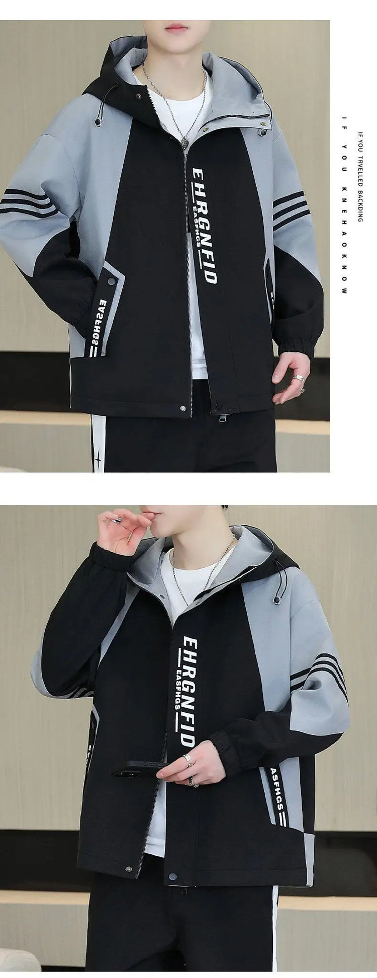 Spring Autumn Men's Hooded Jacket Loose Versatile Trendy Color Block Fashion Outerwear Windproof Thickened Long Sleeve Zipper