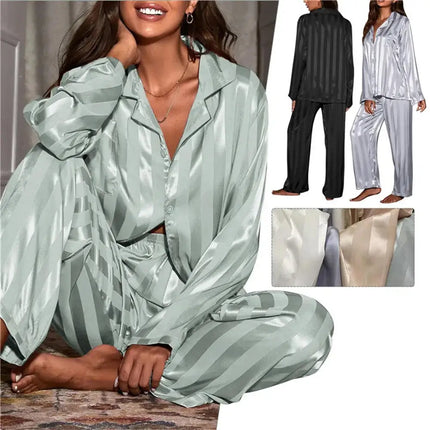 Pigiama estivo a righe da donna Set top a maniche lunghe Pantaloni in raso di seta Abito da casa Primavera Indumenti da notte casual allentati Indumenti da notte femminili