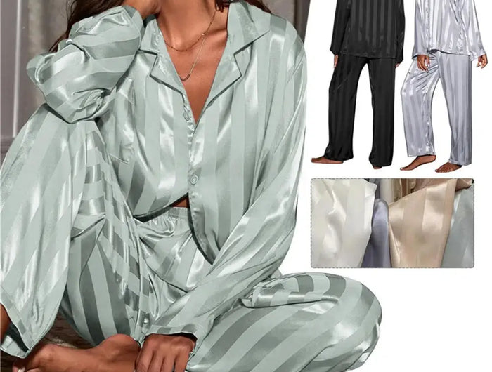 Pigiama estivo a righe da donna Set top a maniche lunghe Pantaloni in raso di seta Abito da casa Primavera Indumenti da notte casual allentati Indumenti da notte femminili