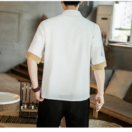 Camicie da uomo con gru ricamate Kungfu Tai Chi Casual manica corta nuovo stile cinese colletto alla coreana Cardigan in lino Tang Suit uomo Top