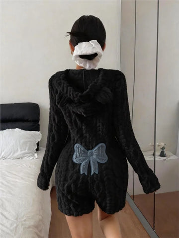 Women Fuzzy Hooded Romper Pajamas Cable Knit Plush LongSleeve Shorts Onesie Back BigBow Decor Warm Loungewear Homewear Nightwear