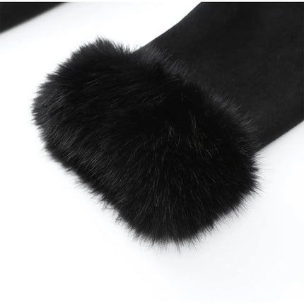 Retro Black Fur Patchwork Woolen Coat Women Chic Full Sleeve V-neck Lace Up Loose Long Overcoat 2025 Lady Winter Commute Outwear
