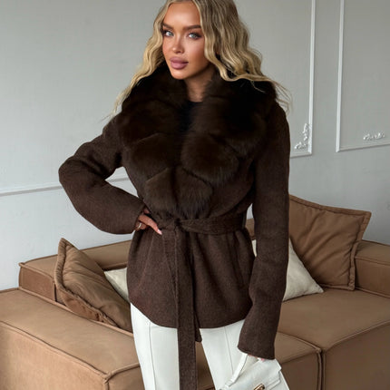 Solid Color Big Fur Collar Tied Woolen Jacket Fashion Waist Cinching Long Sleeved Short Coat 2026 Autumn Street Daily Clothing
