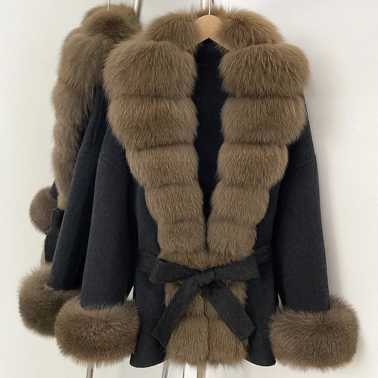 Real Fur Wool Jacket Fashion Reality Fur Jacket Women Natural Fox Fur Cuffs Winter Clothing Female Elegant with Belt Woolen Coat