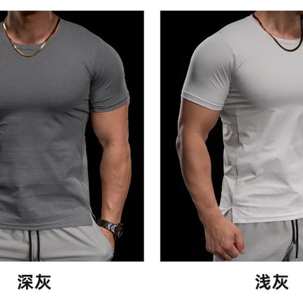 Men's gym fitness workout clothing slim fit short sleeve breathable high elasticity sports T-shirt, running sports