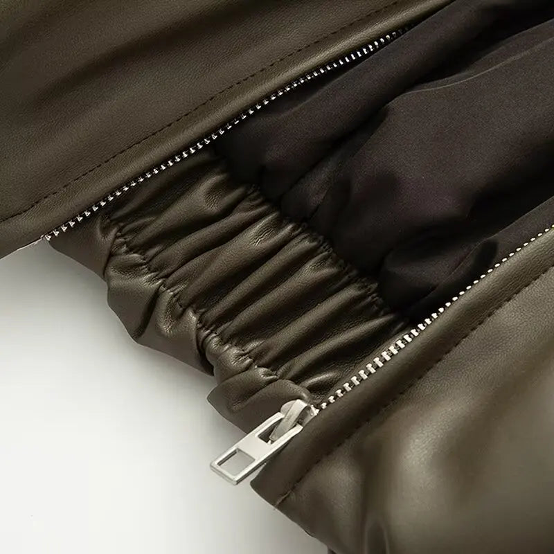 Women Green Leather Cropped Jacket Coat Vintage Streetwear Motorcycle Mustang Jacket 2000s Vintage Warm Thicke Outerwear Autumn