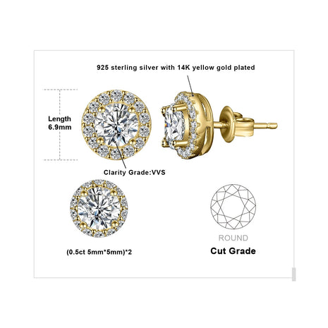 JewelryPalace Moissanite D Color Total 1ct Round 925 Sterling Silver Halo Stud Earrings for Woman Yellow Gold Rose Gold Plated PlatiNum