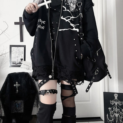 Original Print Subculture Dark Loose Cat Ear Distressed Hooded Sweatshirt Jacket Zip Up Hoodie Oversized Hoodie